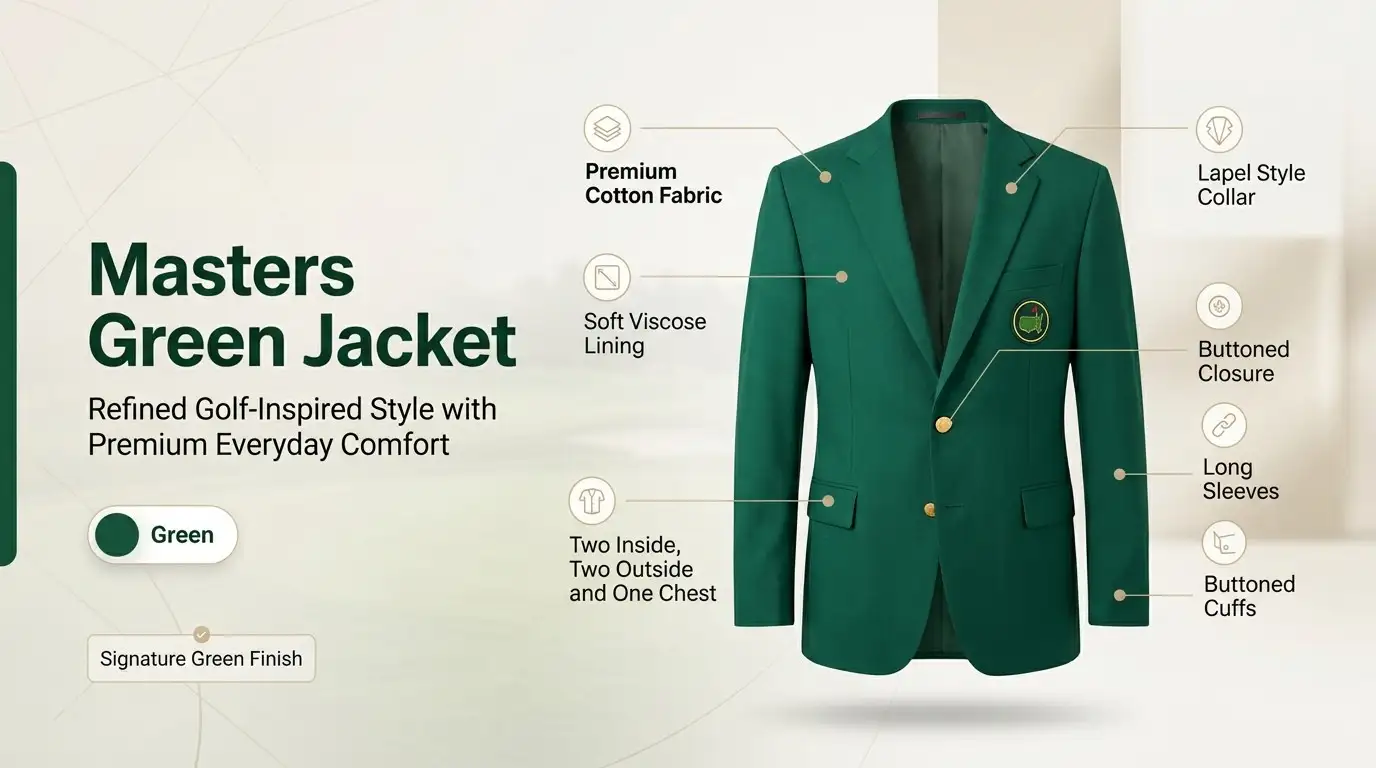 Golf Club Masters Green Jacket infographic banner showing green blazer features and product details
