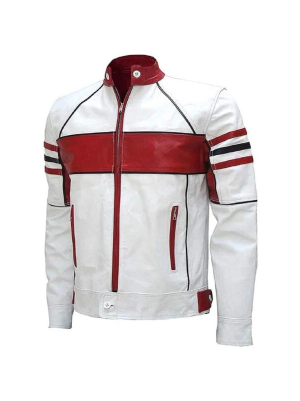 Genuine leather cafe racer jacket for men featuring a stand-up collar and zippered front closure.