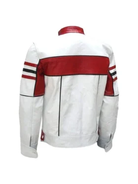 Striped leather motorcycle jacket with a racing-inspired multi-panel design on the chest and sleeves.