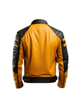 Slim-fit café racer leather jacket for men with structured shoulders and horizontal chest zippers.