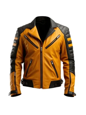 Men’s sheepskin leather biker jacket featuring a snap-tab collar and multiple zippered pockets.