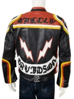 Detailed view of the Harley Davidson and the Marlboro leather jacket with vibrant colors.