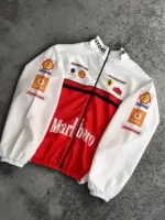 Iconic Marlboro Ferrari F1 racing jacket in white and red with high-quality patches and embroidery.