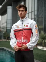 A collection of red and white Marlboro Ferrari F1 racing jackets showing different angles and styles.