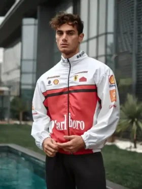 A collection of red and white Marlboro Ferrari F1 racing jackets showing different angles and styles.