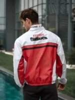 Lightweight polyester Marlboro Ferrari F1 racing jacket with a smooth satin lining and front zipper.