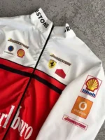 Bold red and white Marlboro Ferrari F1 racing jacket with professional logos and a stand-up collar.