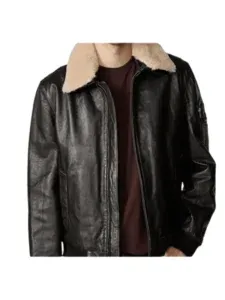 Mens Black Leather Aviator Bomber Jacket With Shearling Collar