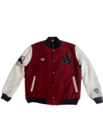 New Arsenal Varsity Jacket front view showcasing high-definition club embroidery and a polished, weighted textile drape.