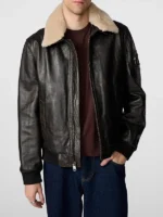 Mens Black Leather Aviator Bomber Jacket With Shearling Collar