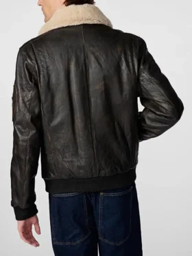 Mens Black Leather Aviator Bomber Jacket With Shearling Collar