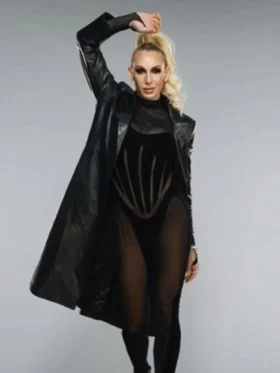 Full-length view of a long leather trench coat with a lapel style collar and open-front design.