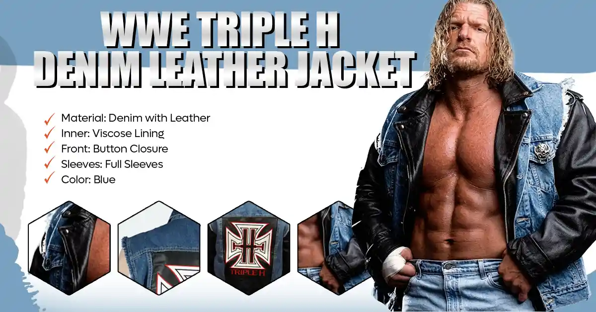 Technical infographic of the WWE Triple H Denim Leather Jacket.