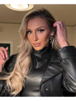 Close-up of a women's high-neck leather outerwear with lapel collar.