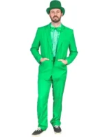Man wearing green Dumb and Dumber style tuxedo costume suit with green bowler hat, ruffled green shirt and matching bow tie