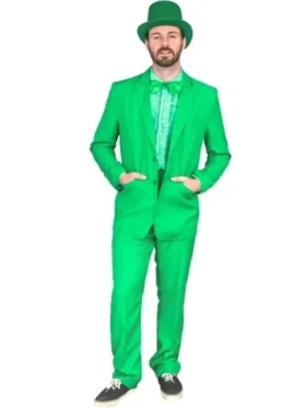 Man wearing green Dumb and Dumber style tuxedo costume suit with green bowler hat, ruffled green shirt and matching bow tie