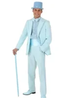 Man wearing Harry Dunne powder blue tuxedo suit from Dumb and Dumber with blue top hat, cane, ruffled shirt and white shoes