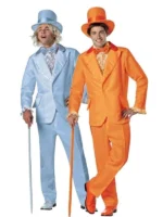 Harry and Lloyd Dumb and Dumber costume suits in orange and powder blue tuxedos with matching top hats and canes