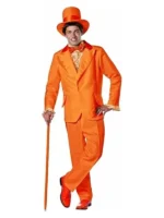 Man wearing Lloyd Christmas orange tuxedo suit from Dumb and Dumber with orange top hat, cane, ruffled shirt and orange shoes