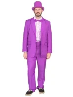 Man wearing purple Dumb and Dumber style tuxedo costume suit with purple bowler hat, ruffled shirt and matching bow tie