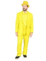 Man wearing yellow Dumb and Dumber style tuxedo costume suit with yellow bowler hat, ruffled yellow shirt and matching bow tie