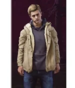 Simple, front view of the Ethan Winters jacket in light beige.