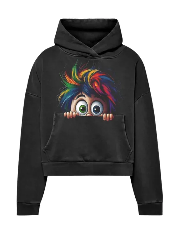 funny-peeking-character-rainbow-hair-graphic-custom-hoodie