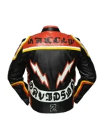 Back view of the Harley Davidson Marlboro Man jacket showing the orange stripes and stitching.