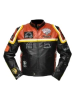 Front view of the black and orange Harley Davidson Marlboro Man leather jacket with patches.