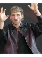 Full-length view of a leather jacket featuring a zipper closure and full-length sleeves on a celebrity model.