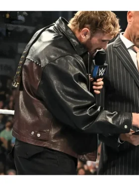 Detail view of the shirt-style collar and shoulder construction of a celebrity-inspired leather jacket.