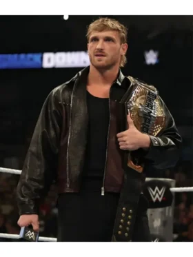 Close-up shot of a professional wrestler wearing a premium leather jacket with metallic stud detailing.