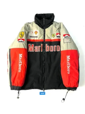 Iconic Marlboro 90s Ferrari vintage racing jacket in red and white colors.