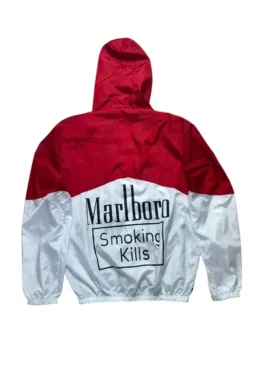 Back view of the Marlboro big logo racing vintage jacket showing the clean red and white design.