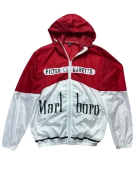 Front view of the red and white Marlboro big logo racing vintage jacket with a hooded collar.