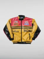 Front view of the yellow Marlboro collectors piece jacket with a black collar and front zipper.