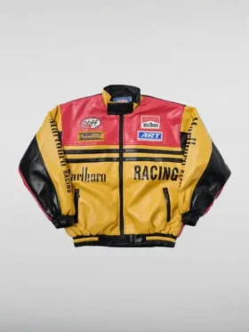 Front view of the yellow Marlboro collectors piece jacket with a black collar and front zipper.