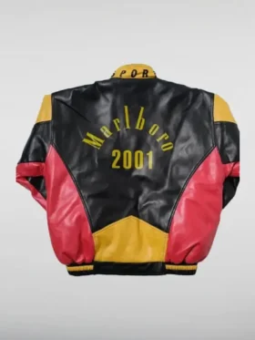 Back view of the yellow Marlboro leather jacket with bold racing logos and professional stitching.