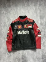 Front view of the Marlboro Ferrari 90s vintage leather jacket with chest pockets and a zipper closure.