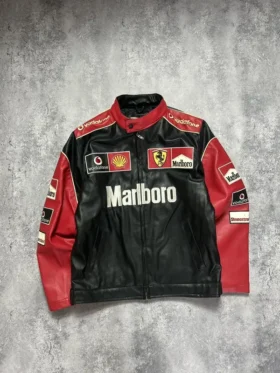 Front view of the Marlboro Ferrari 90s vintage leather jacket with chest pockets and a zipper closure.