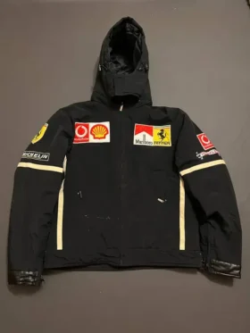 Front view of the black Marlboro Ferrari F1 Michael Schumacher racing jacket with patches.