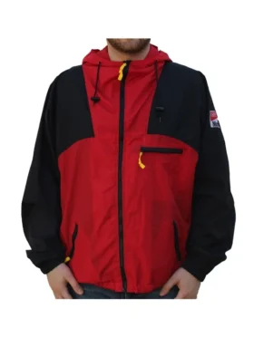 Front view of the Michael Schumacher Racing Jacket with patches and a zippered closure.