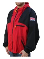 Red and black Michael Schumacher Ferrari racing jacket with detailed embroidery and patches.