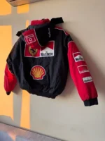 Back view of the Marlboro Ferrari racing vintage puffer jacket in red and white with thick insulation.