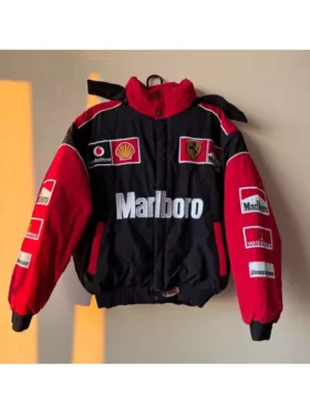 Front view of the red and white Marlboro Ferrari racing puffer jacket with side pockets.