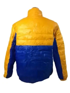 Back view of the Marlboro Fusion Blast bomber jacket in vibrant yellow and blue with the iconic logo.