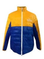 Front view of the yellow and blue Marlboro Fusion Blast jacket with a full zipper and side pockets.
