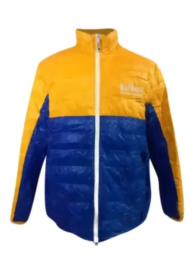 Front view of the yellow and blue Marlboro Fusion Blast jacket with a full zipper and side pockets.