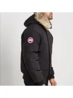 Black Marlboro goose style down bomber jacket with red and white accents and a warm insulated fit.