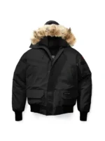 Front view of the Marlboro goose style down bomber jacket in red and white with a thick padded design.